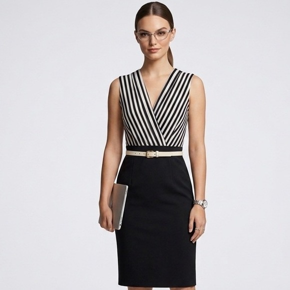 Calvin Klein Dresses & Skirts - Calvin Klein Striped Sheath Dress Belted Office Siren V-Neck Corporate Size 10P